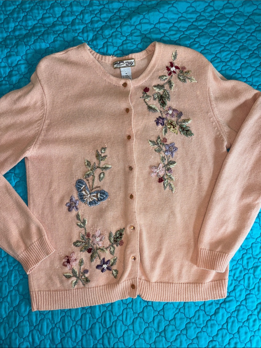 Vintage Heirloom Collectibles Butterfly Floral Embroidered Cardigan Sweater M